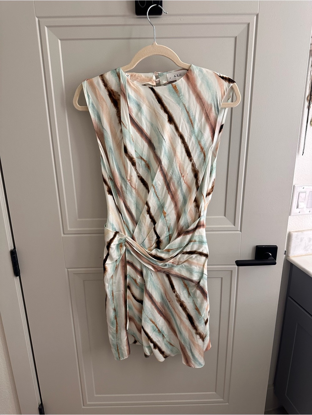 A.L.C. Sleeveless Twist-Front Mini Dress in Mint, Brown & Cream